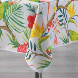   "Tropico White" trópusi papagájmintás vízlepergető asztalterítő, XL-es, 150x240 cm