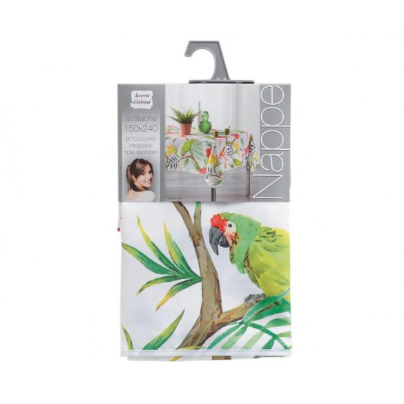 "Tropico White" trópusi papagájmintás vízlepergető asztalterítő, XL-es, 150x240 cm