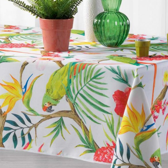 "Tropico White" trópusi papagájmintás vízlepergető asztalterítő, XL-es, 150x240 cm