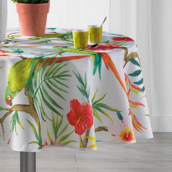 "Tropico White" trópusi papagájmintás vízlepergető asztalterítő, kör alakú