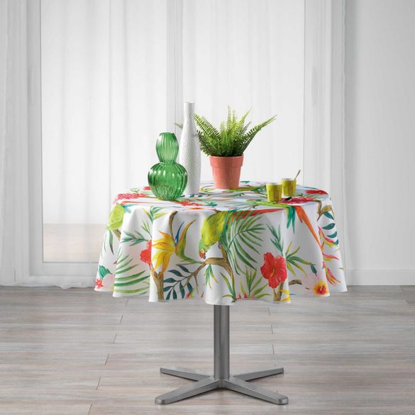 "Tropico White" trópusi papagájmintás vízlepergető asztalterítő, kör alakú