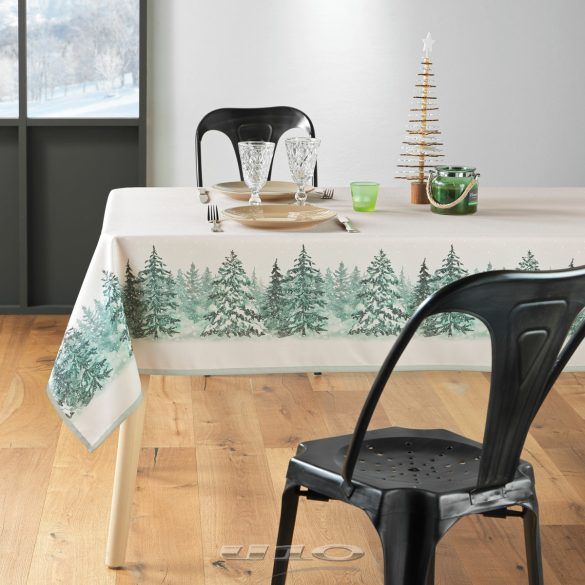 Winter Forest fenyő mintás szennytaszító asztalterítő, XL-es, 150x300 cm