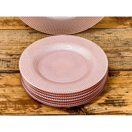 Perge üveg desszerttányér készlet, 6 db-os (rózsaszín-ezüst)