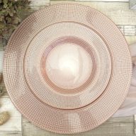   Perge süteményes üvegtányér készlet, 6+1 db-os (rózsaszín-ezüst)