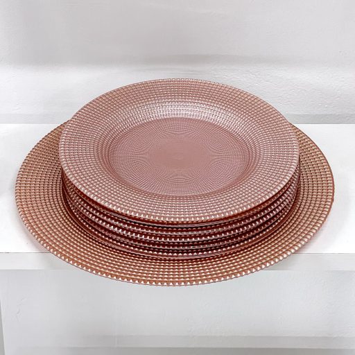 Perge süteményes üvegtányér készlet, 6+1 db-os (rózsaszín-ezüst)