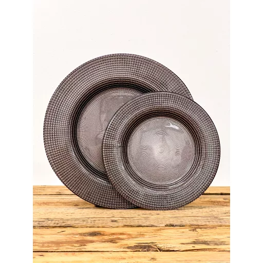 Perge süteményes üvegtányér készlet, 6+1 db-os (taupe-ezüst)