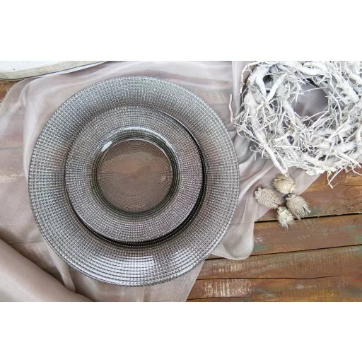 Perge süteményes üvegtányér készlet, 6+1 db-os (taupe-ezüst)