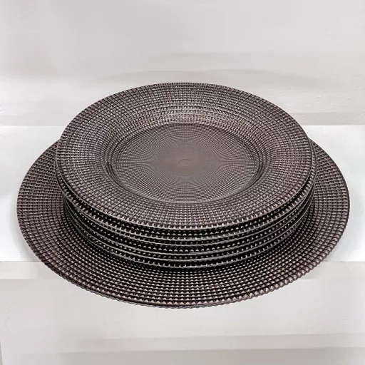 Perge süteményes üvegtányér készlet, 6+1 db-os (taupe-ezüst)