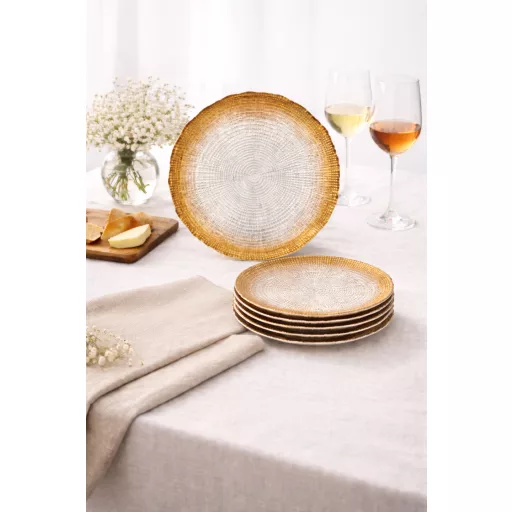 Kanvas süteményes üvegtányér készlet, 6+1 db-os (gyöngyház-bronz)