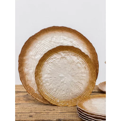 Kanvas süteményes üvegtányér készlet, 6+1 db-os (gyöngyház-bronz)