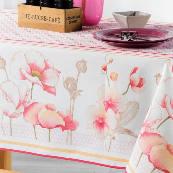 "Ottilie" rózsaszín virágos vízlepergető asztalterítő, XL-es, 150x240 cm