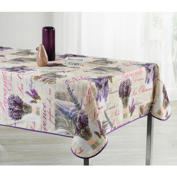 "Lavander 1"  Levendulás, lila szegélyű vízlepergető asztalterítő, XL-es, 148x240 cm