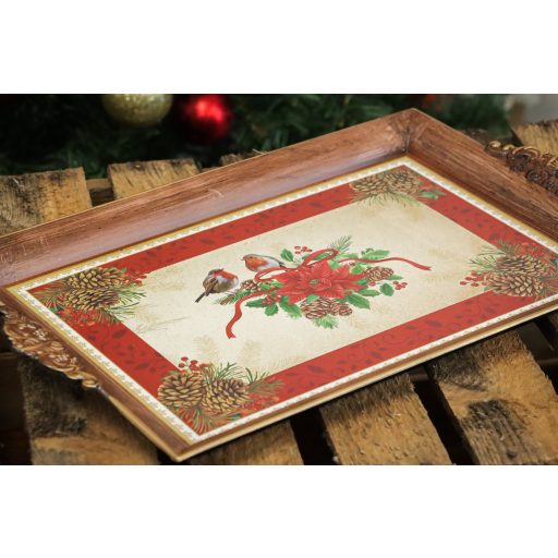 Tálca, mikulásvirágos, kismadaras, 33 cm