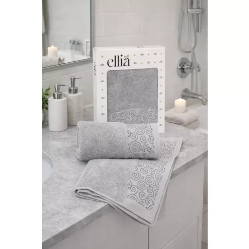 Csiga vonalas, strasszköves törölköző díszdobozban, szürke, 50x90 cm