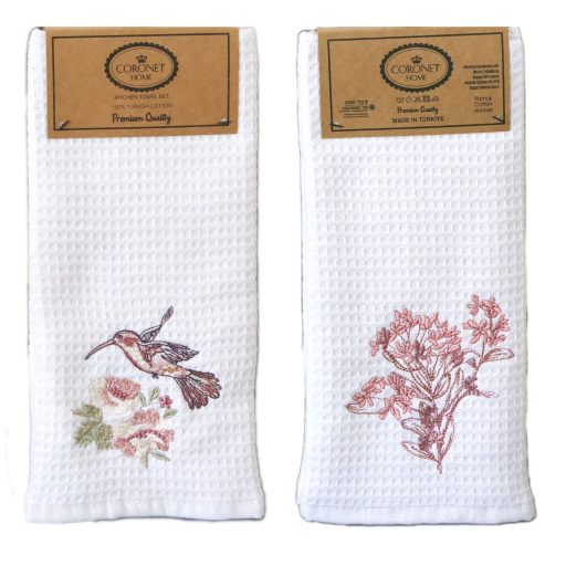 Prémium kolibris / rózsaszín virágos konyharuha szett, 2 db-os