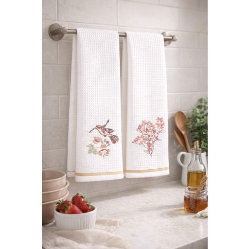 Prémium kolibris / rózsaszín virágos konyharuha szett, 2 db-os