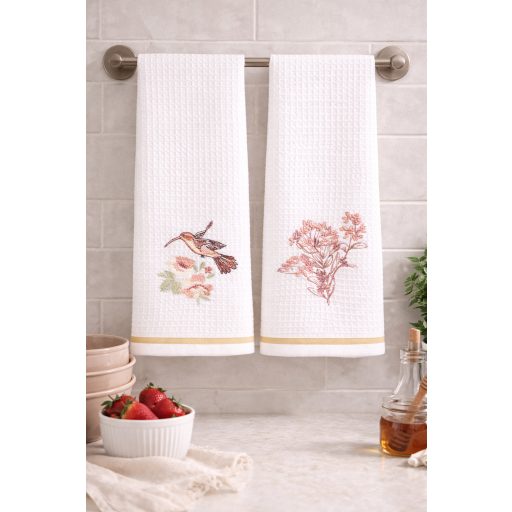 Prémium kolibris / rózsaszín virágos konyharuha szett, 2 db-os