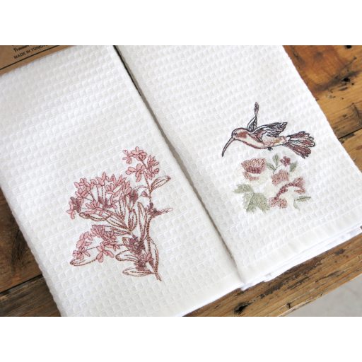 Prémium kolibris / rózsaszín virágos konyharuha szett, 2 db-os