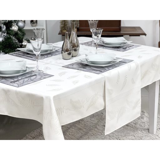 Ezüst lurex asztali futó, páfrány mintás, 44x140 cm