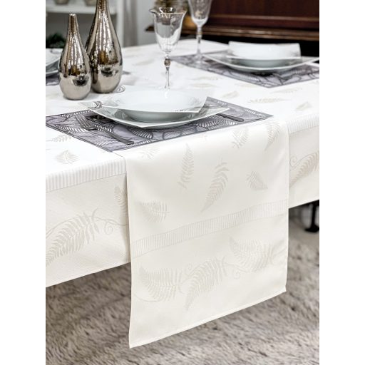 Ezüst lurex asztali futó, páfrány mintás, 44x140 cm
