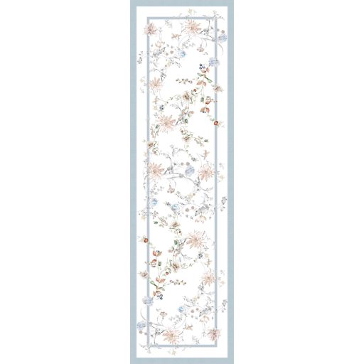 FLORES pasztell kék virág mintás asztali futó, 45x140 cm