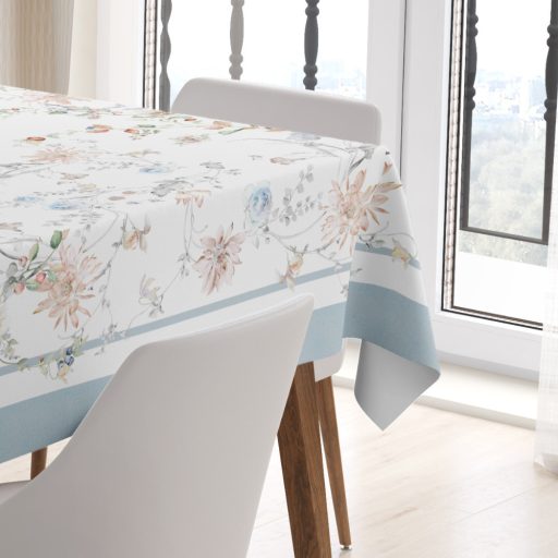 FLORES pasztell kék virág mintás 140x240 cm asztalterítő 