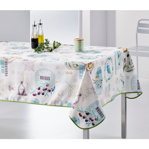 Provence oliva mintás, zöld szegélyű szennytaszító asztalterítő, XL-es, 148x240 cm