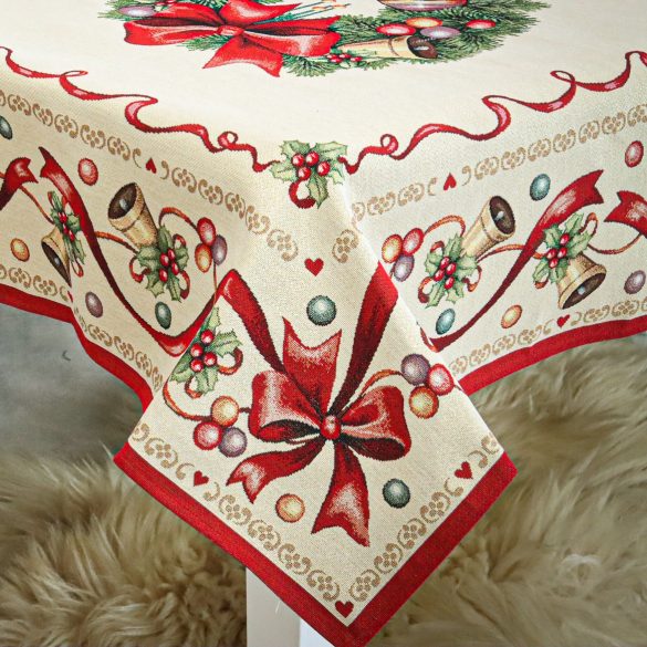 Koszorús-piros szalagos karácsonyi asztalterítő, L-es, arany lurex
