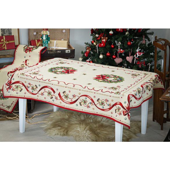 Koszorús-piros szalagos karácsonyi asztalterítő, XL-es, arany lurex