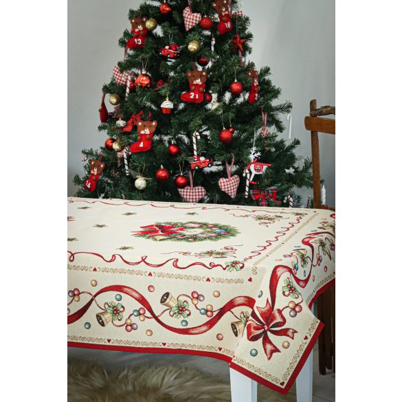 Koszorús-piros szalagos karácsonyi asztalterítő, L-es, ezüst lurex