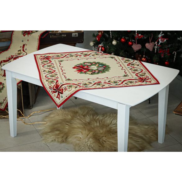 Koszorús-piros szalagos karácsonyi asztalközép, ezüst lurex