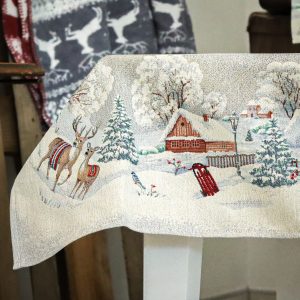 Snowy, havas otthon szarvasos asztalterítő, XL-es, ezüst lurex