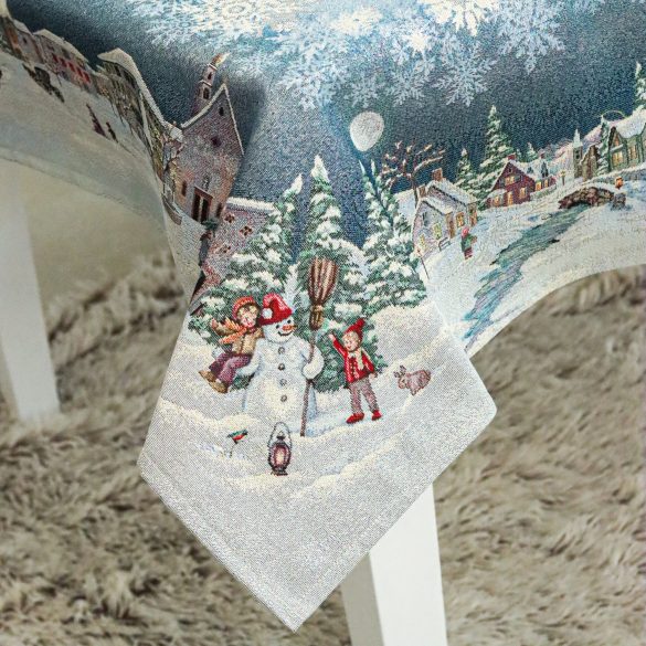 Frosty karácsonyi hóemberes asztalterítő, L-es, ezüst lurex