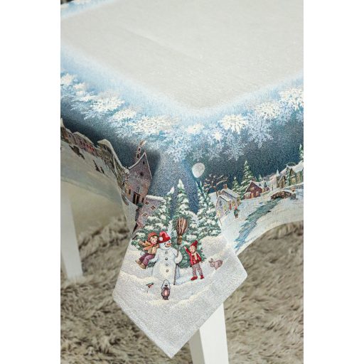 Frosty karácsonyi hóemberes asztalterítő, 137x240 cm, ezüst lurex