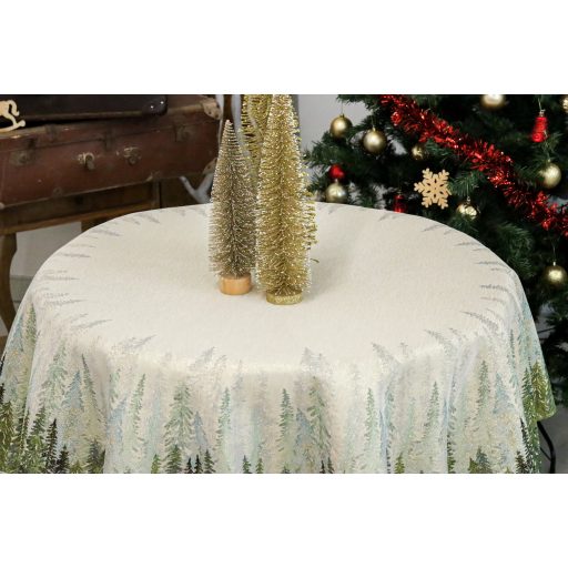 Golden forest fenyőfás asztalterítő, kör alakú, 160 cm, arany lurex