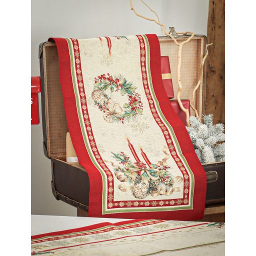 Gyertyás, piros szélű asztali futó, 44x140 cm, arany lurex