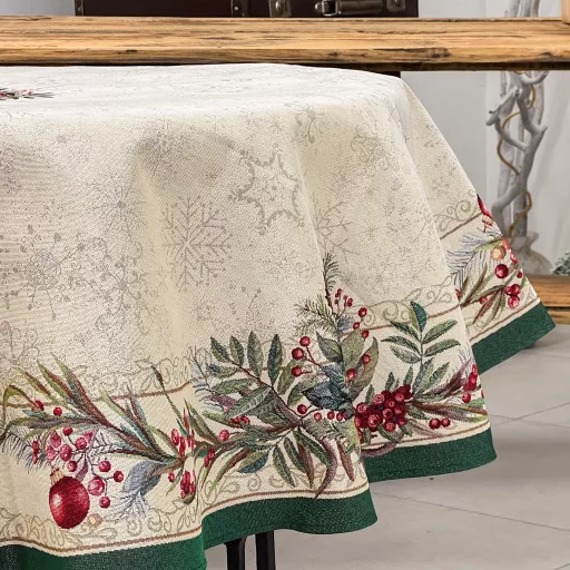 Classic bogyós, zöld szélű asztalterítő, kör alakú, 160 cm, ezüst lurex