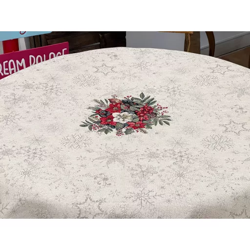 Classic bogyós, zöld szélű asztalterítő, kör alakú, 160 cm, ezüst lurex