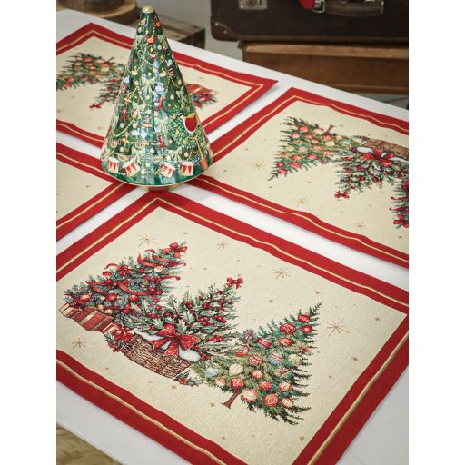 Karácsonyfás, piros szélű, ünnepi tányéralátét, arany lurex
