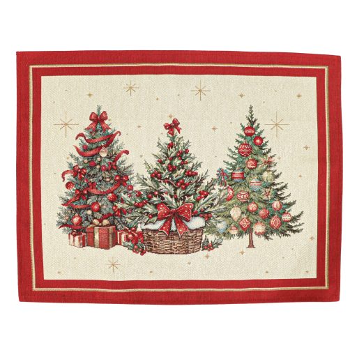 Karácsonyfás, piros szélű, ünnepi tányéralátét, arany lurex