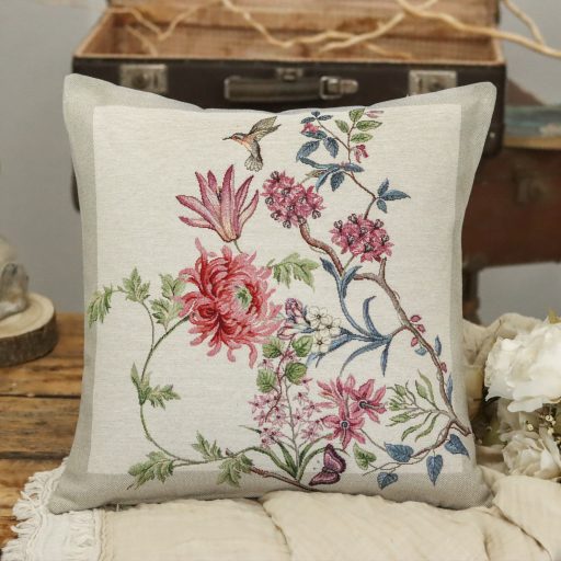 Japán virágos, kolibris díszpárna huzat