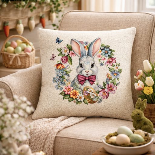 Fehér nyuszi virágkoszorúban díszpárna huzat