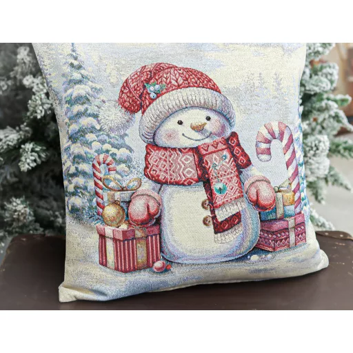 Piros sapkás, hóemberes díszpárna huzat, ezüst lurex