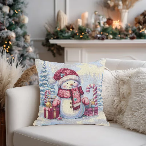Piros sapkás, hóemberes díszpárna huzat, ezüst lurex