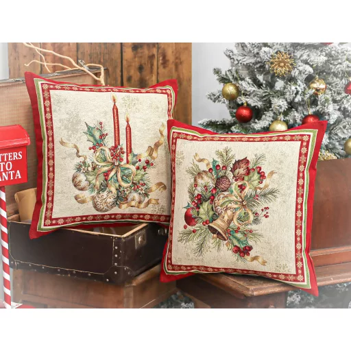 Csengős, piros szélű díszpárna huzat, arany lurex
