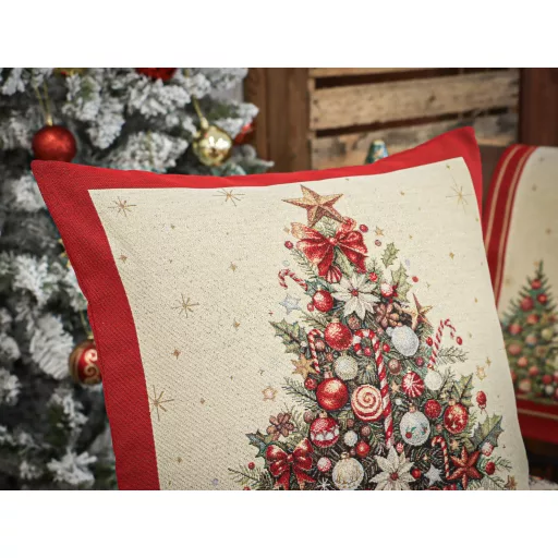Karácsonyfás, piros szélű díszpárna huzat, arany lurex