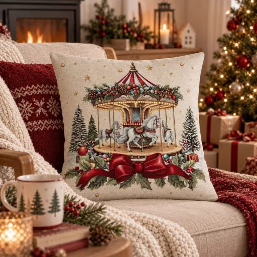 Körhintás karácsonyi gobelin díszpárna huzat, arany lurex