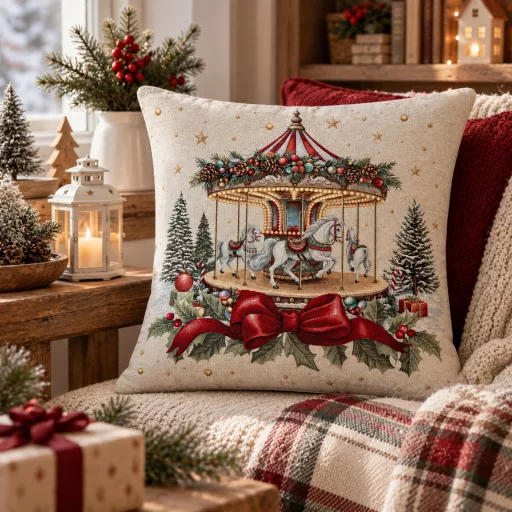 Körhintás karácsonyi gobelin díszpárna huzat, arany lurex