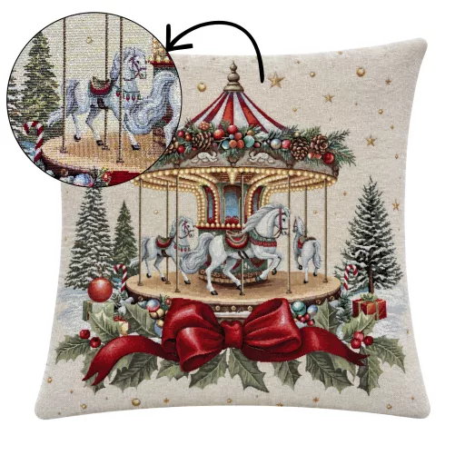 Körhintás karácsonyi gobelin díszpárna huzat, arany lurex