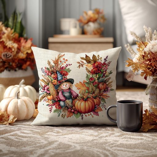 Őszi tökös, madárijesztős díszpárna huzat